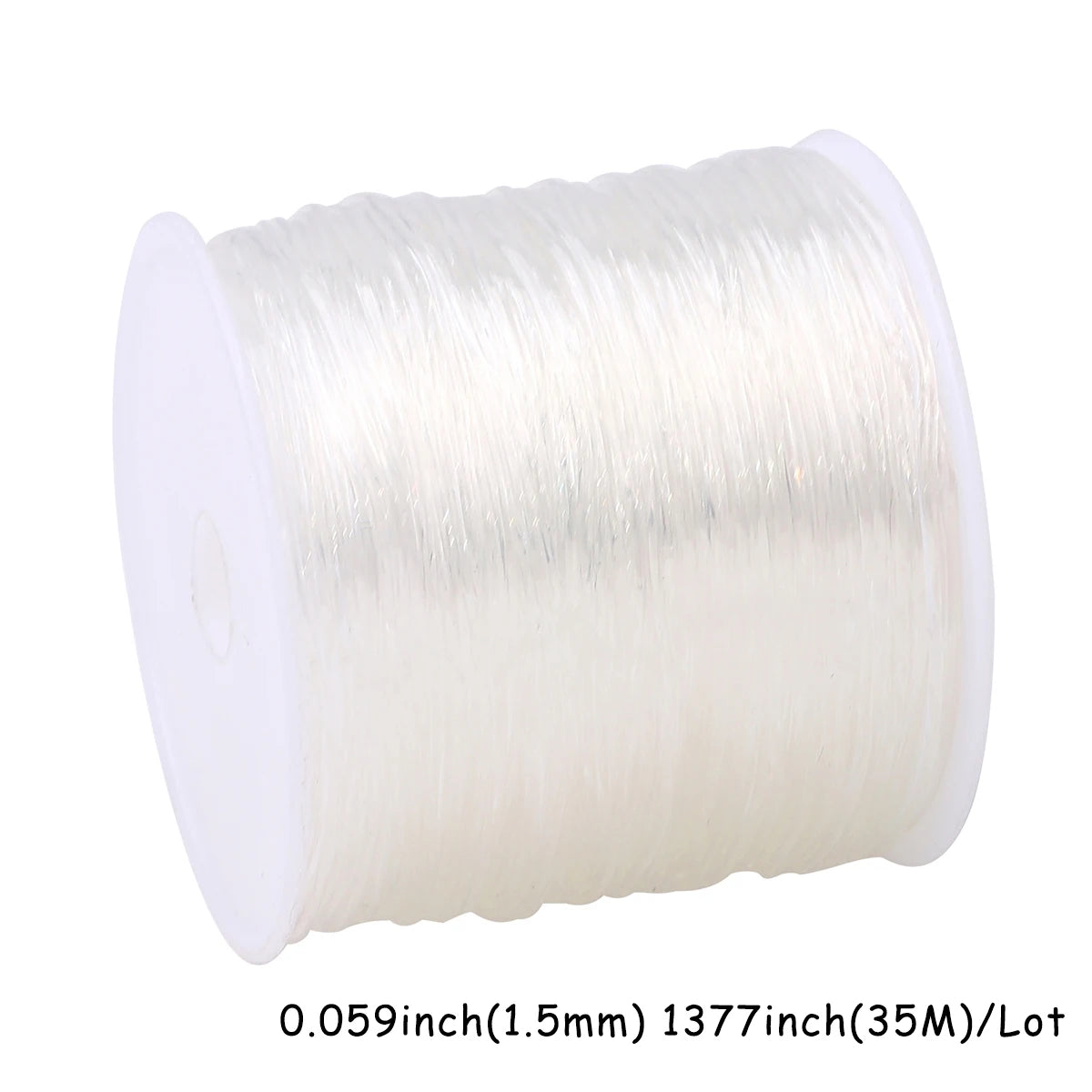 A spool of transparent elastic cord for jewelry making, measuring 1377 inches (35M).