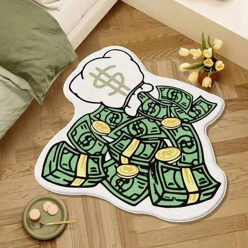 A white non-slip rug featuring a design of stacked green dollar bills and a stylized money-themed cloud.