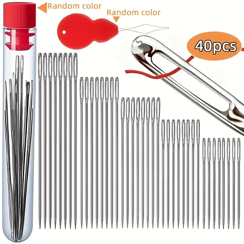 A set of 40 assorted stainless steel hand sewing needles in a clear container and on a separate display.