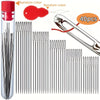 A set of 40 assorted stainless steel hand sewing needles in a clear container and on a separate display.