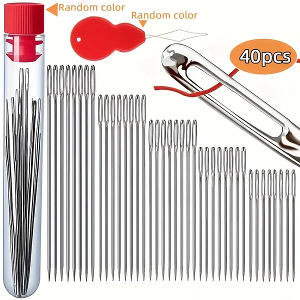 A set of 40 assorted stainless steel hand sewing needles in a clear container and on a separate display.