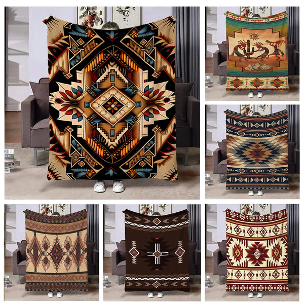 A collection of soft flannel throw blankets featuring various ethnic and geometric patterns in earthy tones.