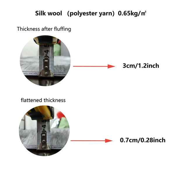 Comparison of silk wool and polyester yarn thickness after fluffing, showing differences in flattened thickness.