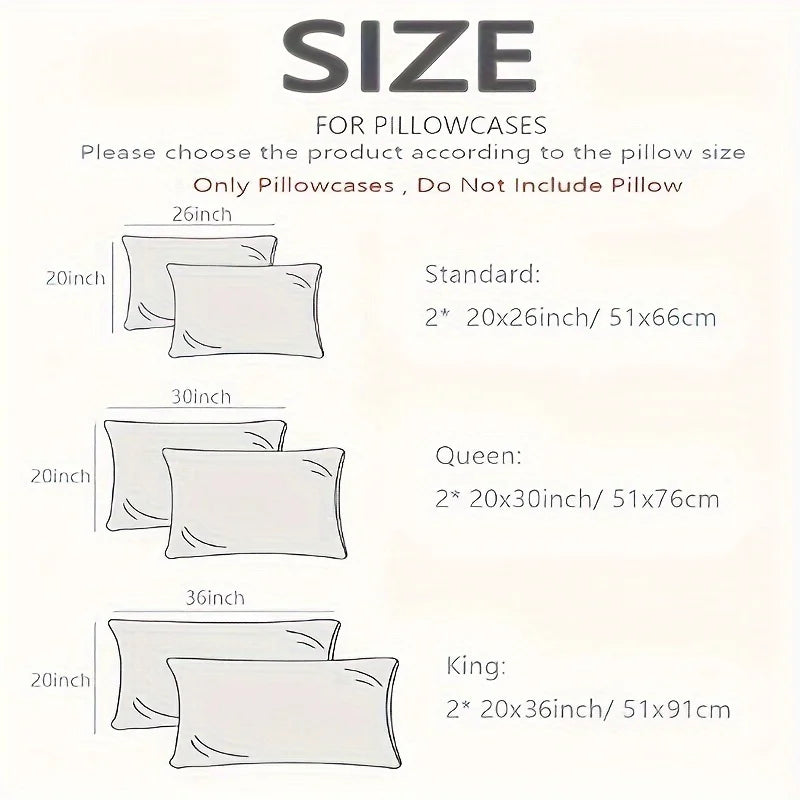 Size chart showing pillowcase dimensions for standard, queen, and king sizes.