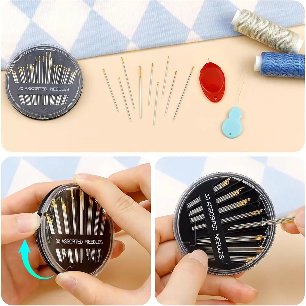 A set of 30 assorted stainless steel embroidery sewing needles is shown in a circular container and being held by hands.