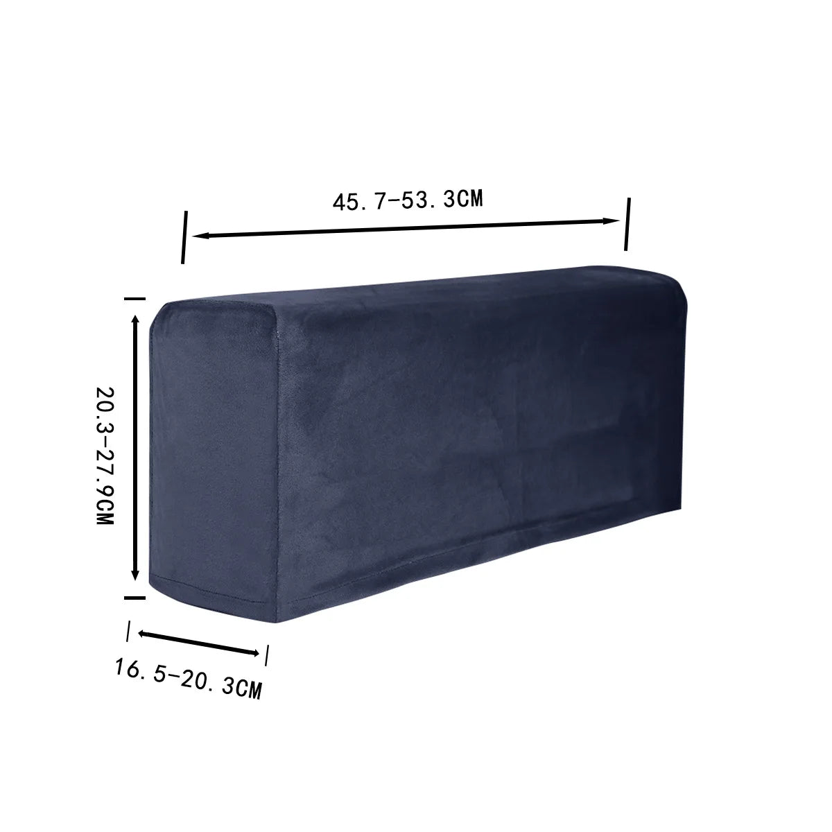 Dark blue velvet sofa armrest covers with dimensions 45.7-53cm long and 20.3-27.9cm high