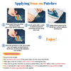 Instructions for applying iron-on patches to fabric showing placement, covering, pressing, and removal.
