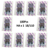 A set of 100 high-strength sewing machine needles in clear packaging, labeled HA x 1 18/110.