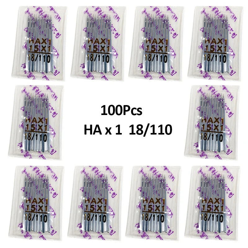 A set of 100 high-strength sewing machine needles in clear packaging, labeled HA x 1 18/110.