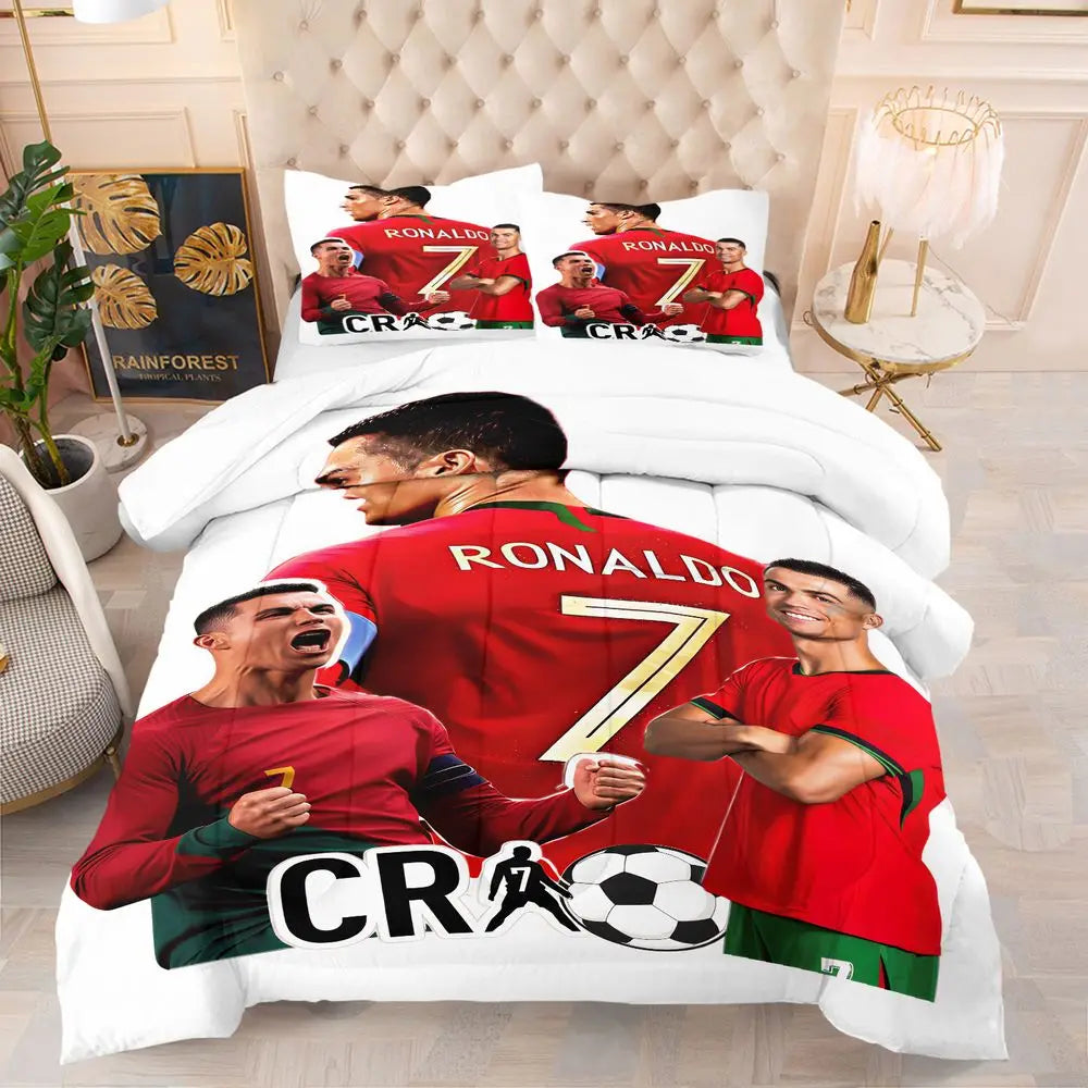 A red soccer player graphic print on a comforter set featuring Ronaldo and Cristiano Ronaldo.