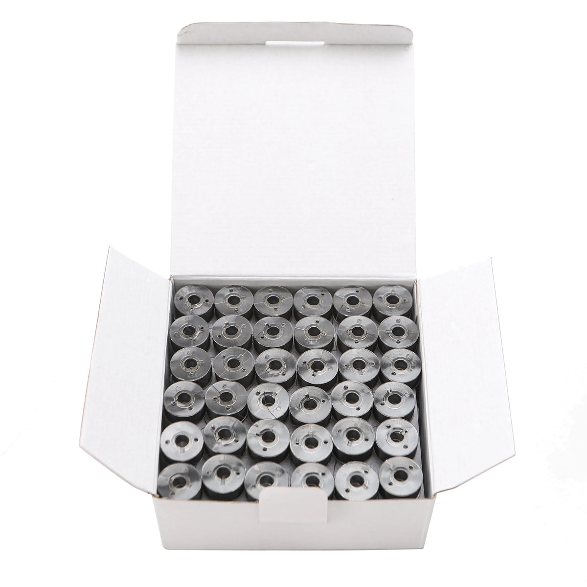 A white box containing 144 pieces of high-quality polyester embroidery bobbin thread.