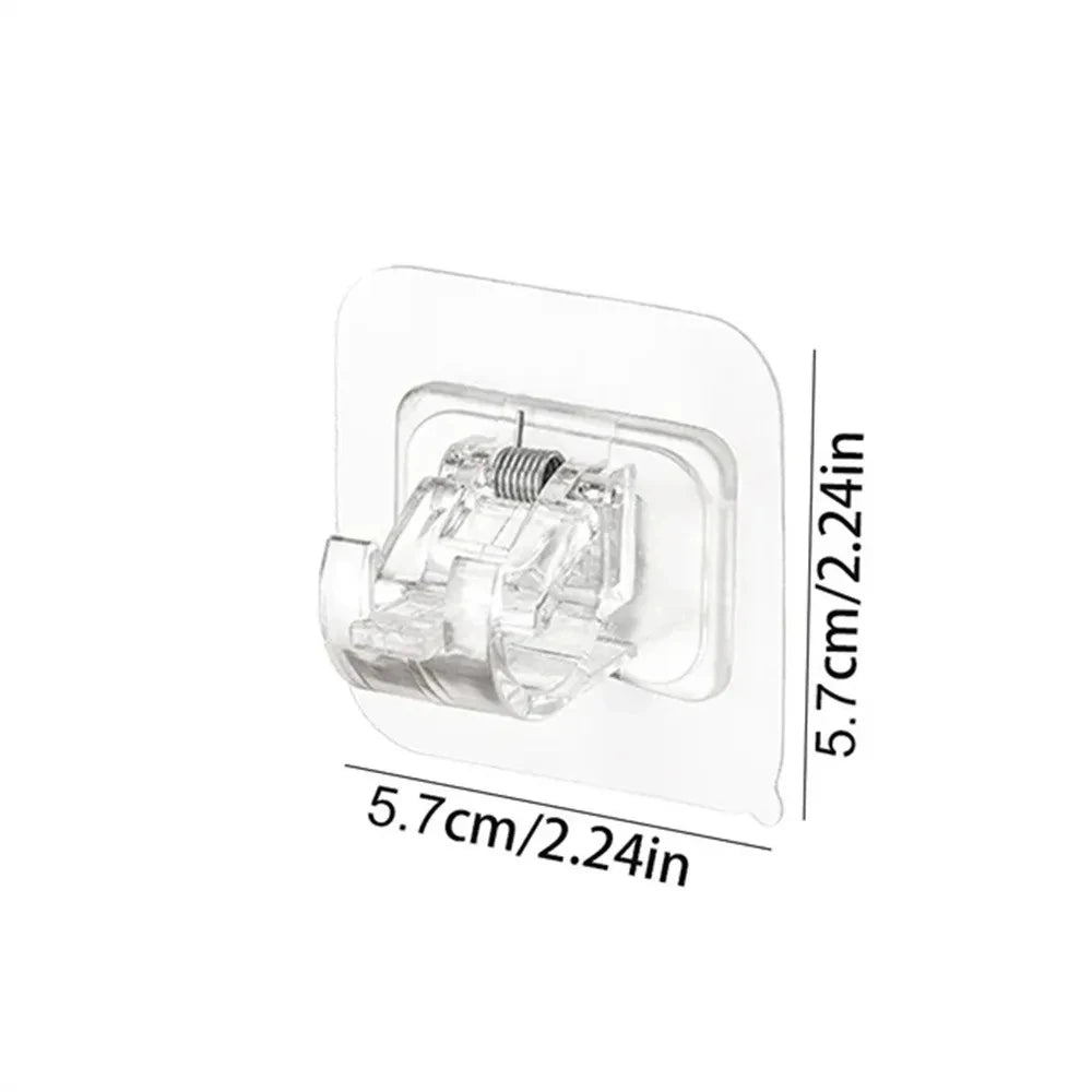 Clear self-adhesive curtain rod clips for windows and walls, shown in a rectangular package.