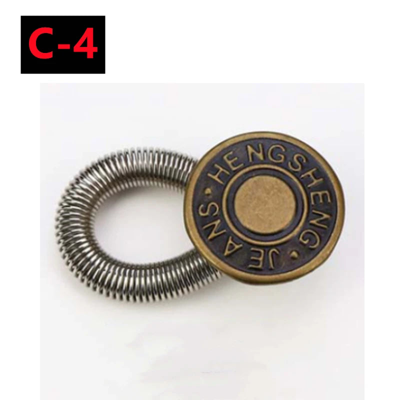 A round metal button extender with a serrated edge, used for pants and jeans.