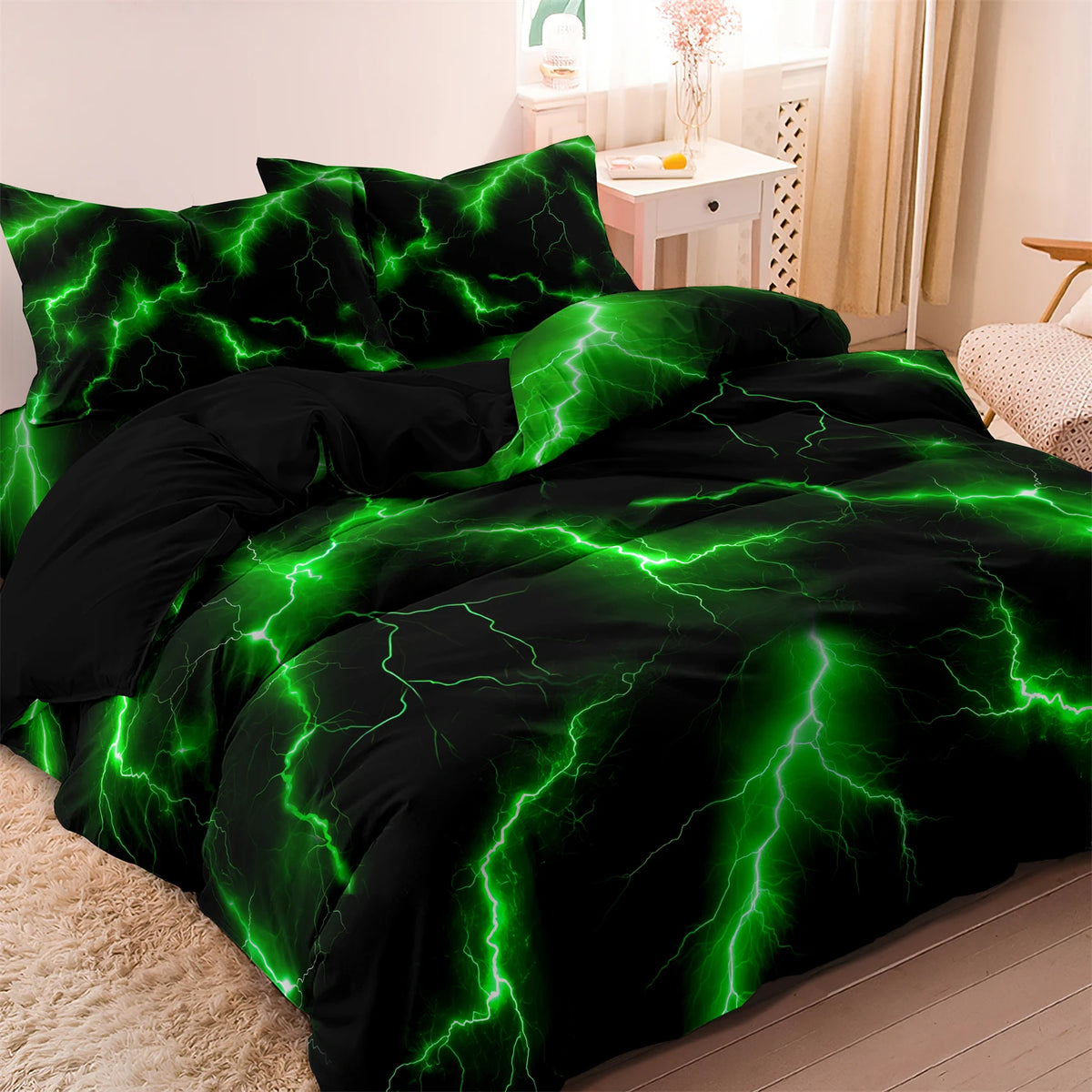 Black duvet cover set featuring a vibrant green lightning thunder print.