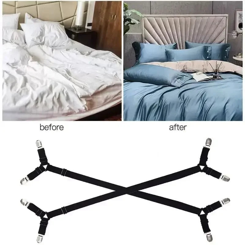Adjustable crisscross bed sheet clips shown in before and after comparisons.