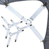 Adjustable sheet corner grippers with elastic straps used to secure bedding.