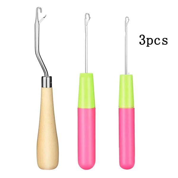 Three plastic latch hook tools in natural wood and pink colors for crochet and crafting