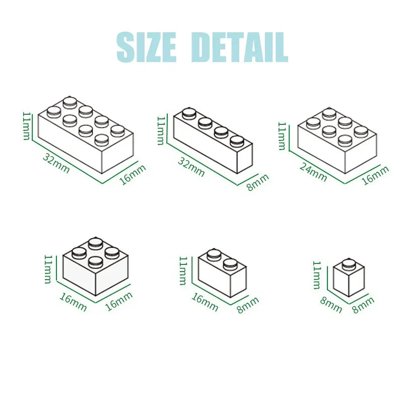 Size detail diagram showing various dimensions for high-tech puzzle building blocks.