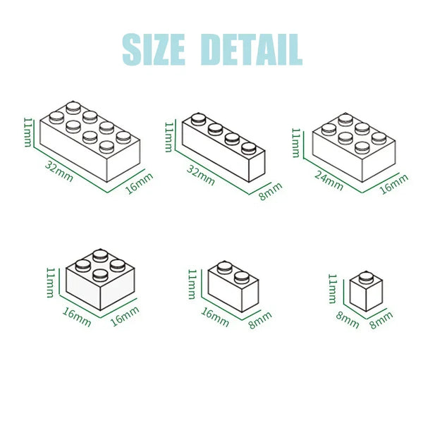 Size detail diagram showing various dimensions for high-tech puzzle building blocks.