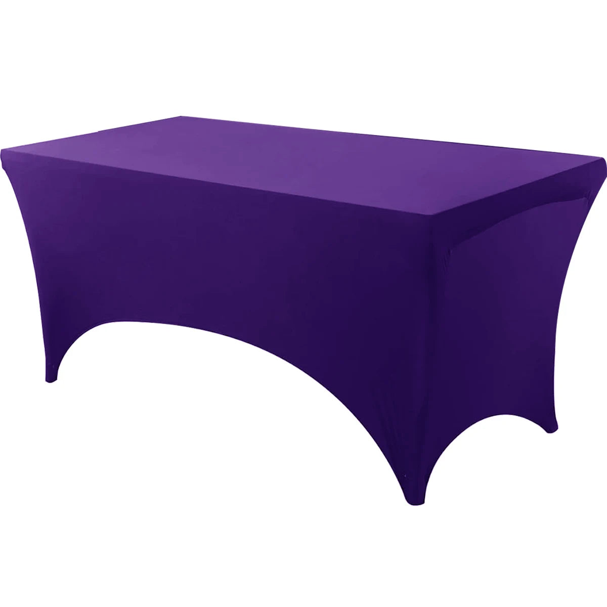 A purple stretch tablecloth set used for dining or event decor.