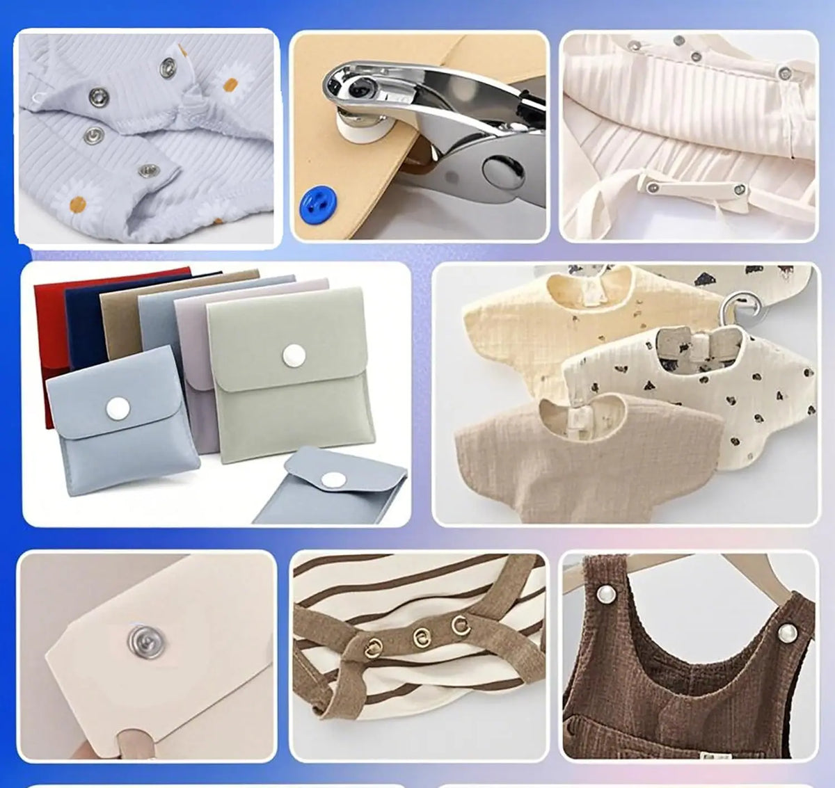 A collection of precision snap fasteners, including various sizes and materials like plastic and metal, used for sewing and c