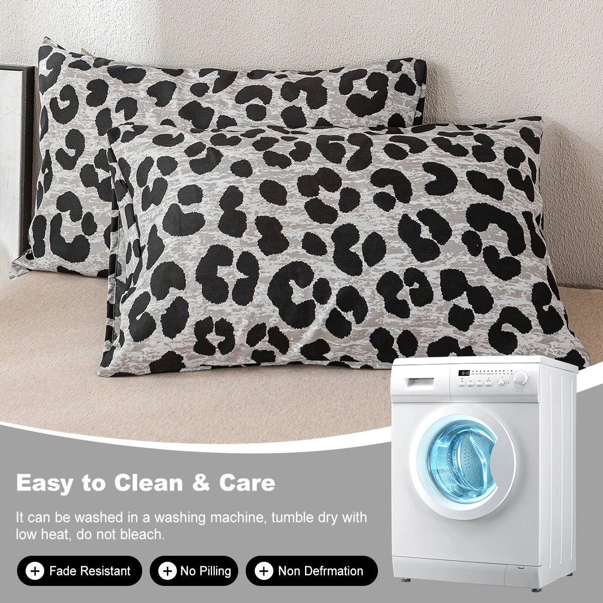 Two leopard print decorative pillow covers on a beige sofa next to a white washing machine.