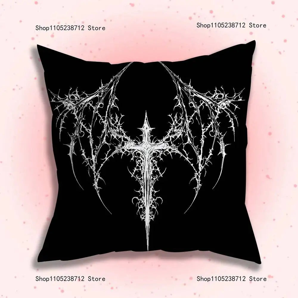 Black throw pillow cover featuring a white, intricate gothic cyber sigil design.