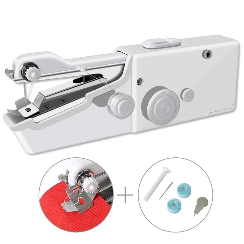 A portable handheld sewing machine with a silver body and white accents, shown alongside sewing accessories.