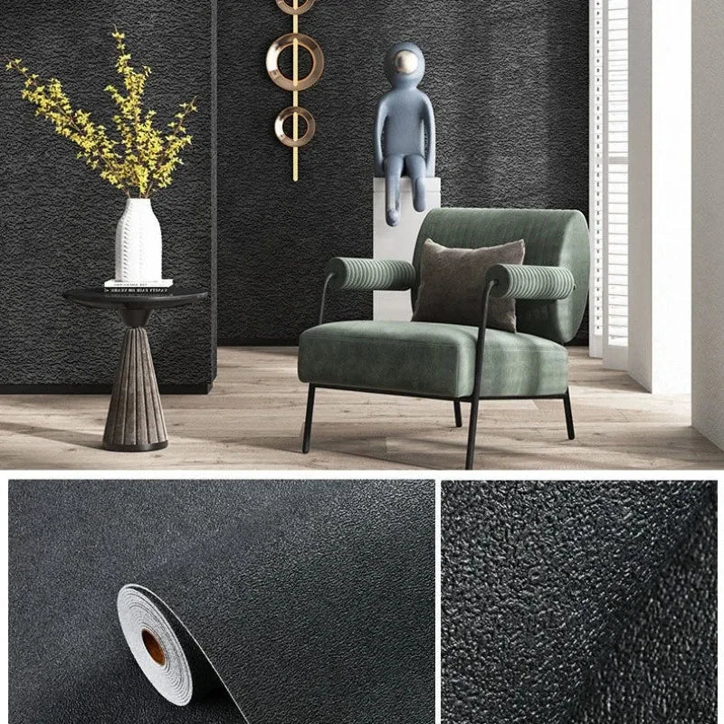 A close-up of self-adhesive 3D thermal insulation wallpaper with a linen texture in dark gray.