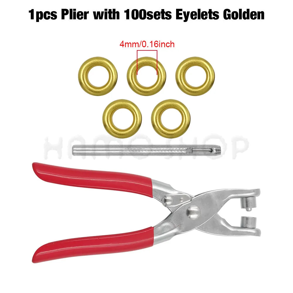 A set of 1 piece pliers with 100 sets of golden eyelets and a 4mm punch tool.