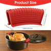 Red silicone pot handle covers with ribbed texture shown next to a black cast iron pan and lid.