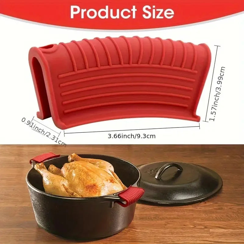 Red silicone pot handle covers with ribbed texture shown next to a black cast iron pan and lid.