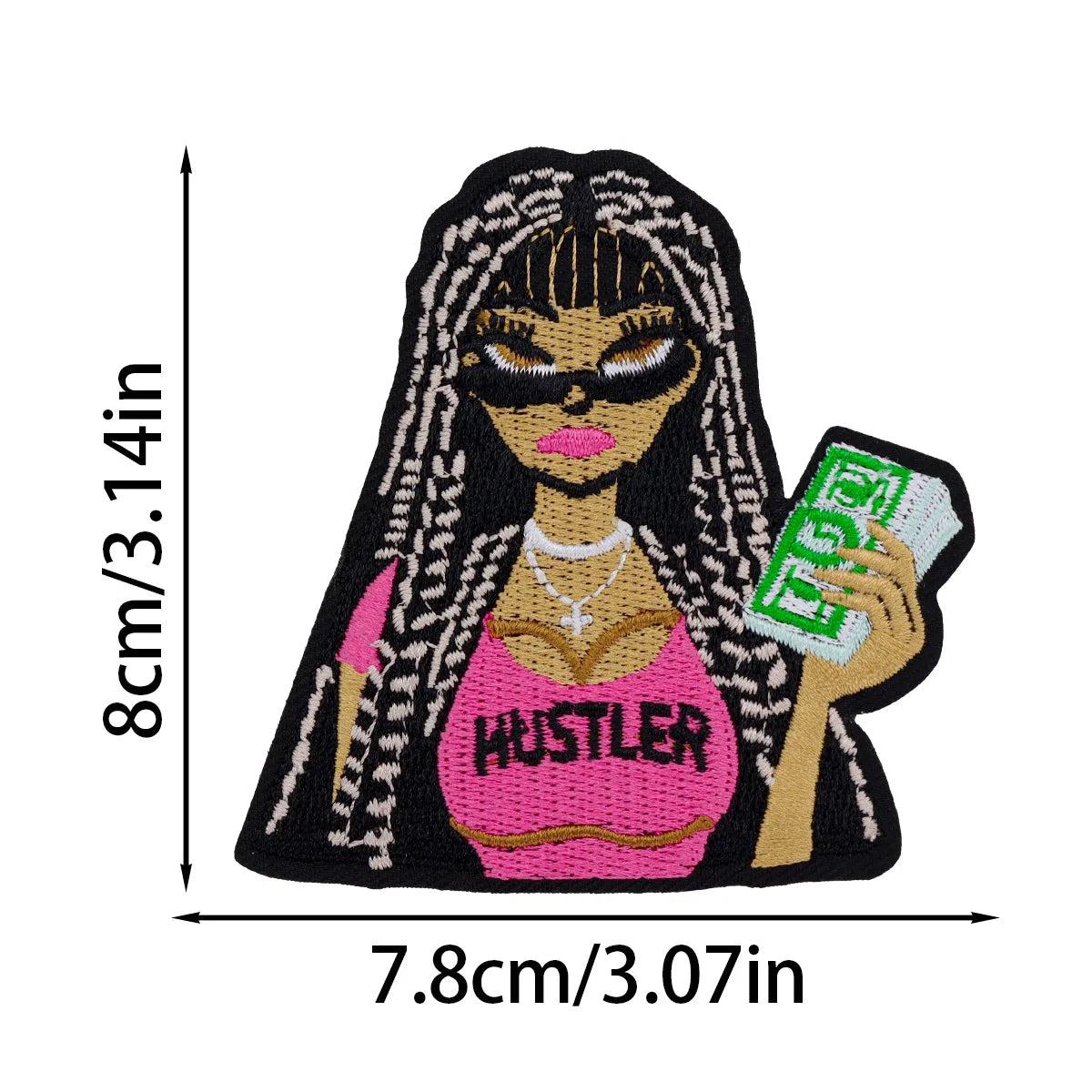 Embroidered patch of a cartoon woman with long braided hair wearing sunglasses and a pink top