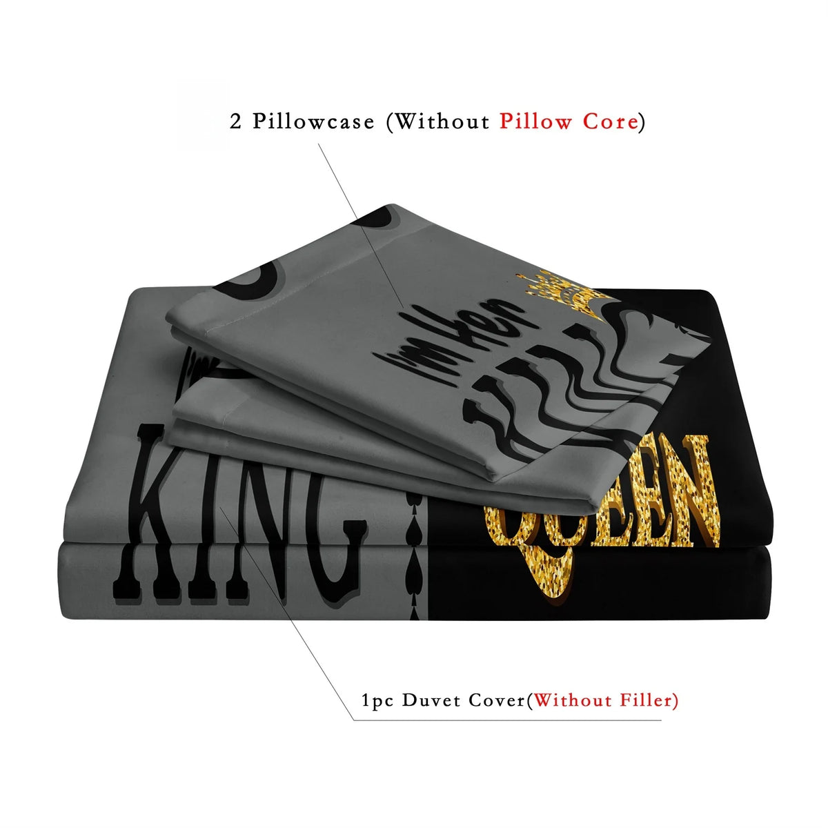 A set of two pillowcases without core and one duvet cover without filler featuring a royal crown king and queen design.