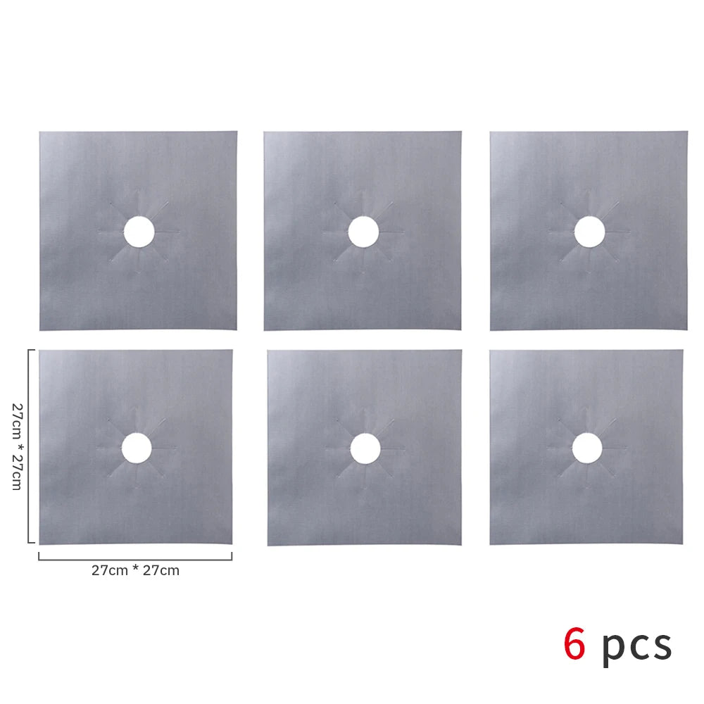 A set of six square metal protectors with circular openings for a gas stove.