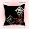 A black throw pillow cover featuring a silver and red gothic cyber sigil design.