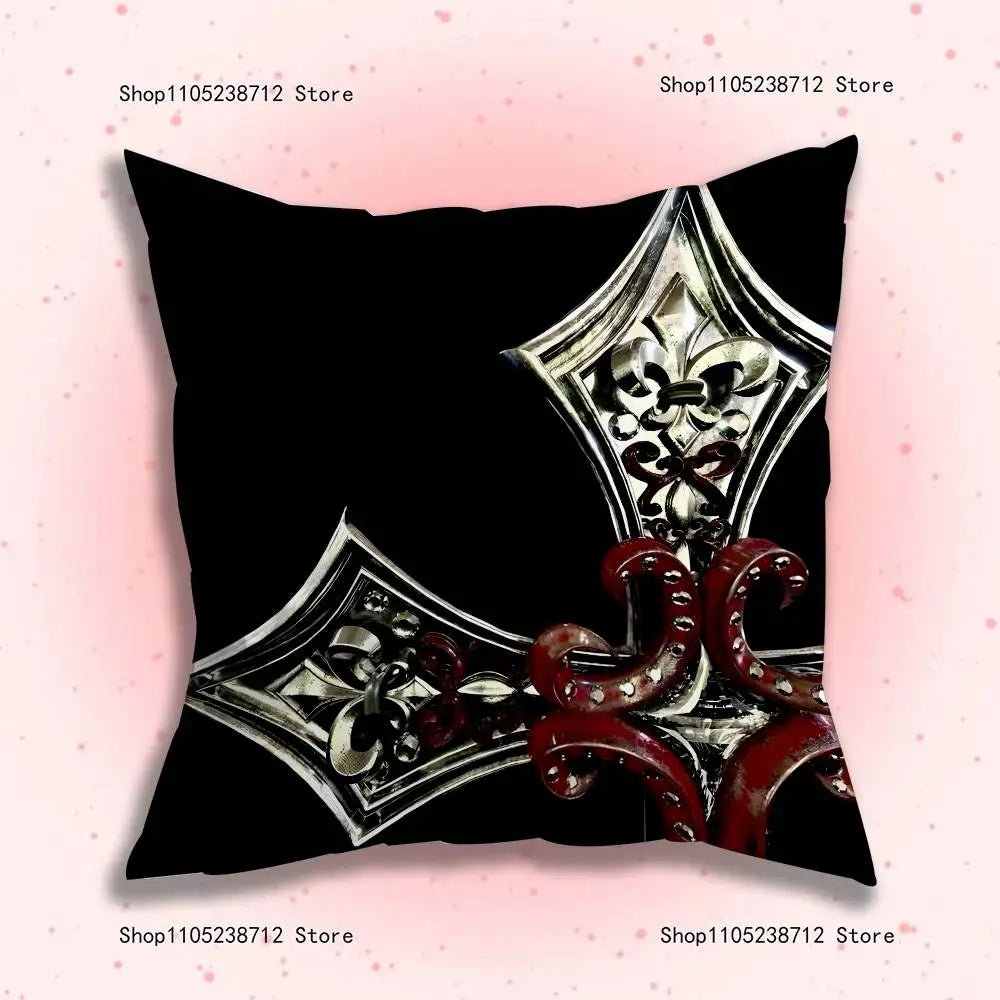 A black throw pillow cover featuring a silver and red gothic cyber sigil design.