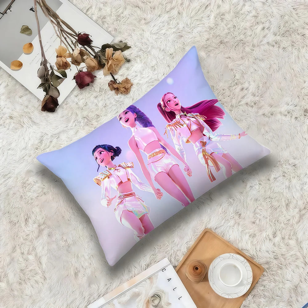 Purple cushion covers featuring illustrations of K-Pop demon hunter characters