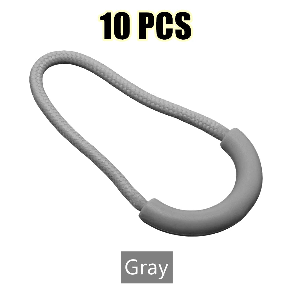 A gray U-shaped zipper pull strap is shown against a white background.