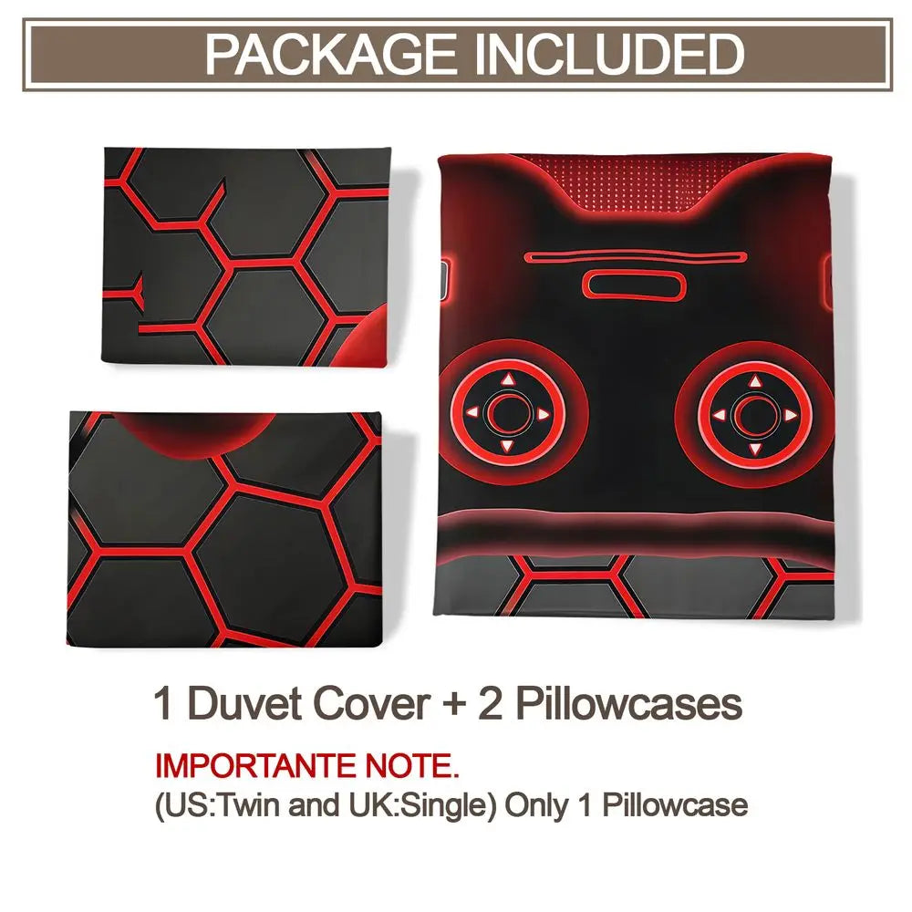 A set of a black and red neon hexagon controller duvet cover and two pillowcases.