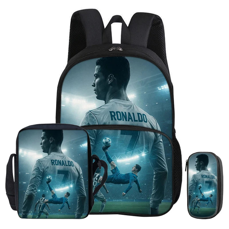 A black football sport backpack featuring a graphic of Cristiano Ronaldo.