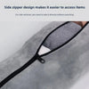 Close-up of a gray fabric travel neck pillow showing a black side zipper for easy access.