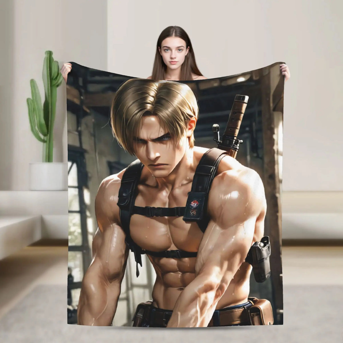 A graphic throw blanket featuring a muscular male figure in a leather outfit and a woman standing behind him.