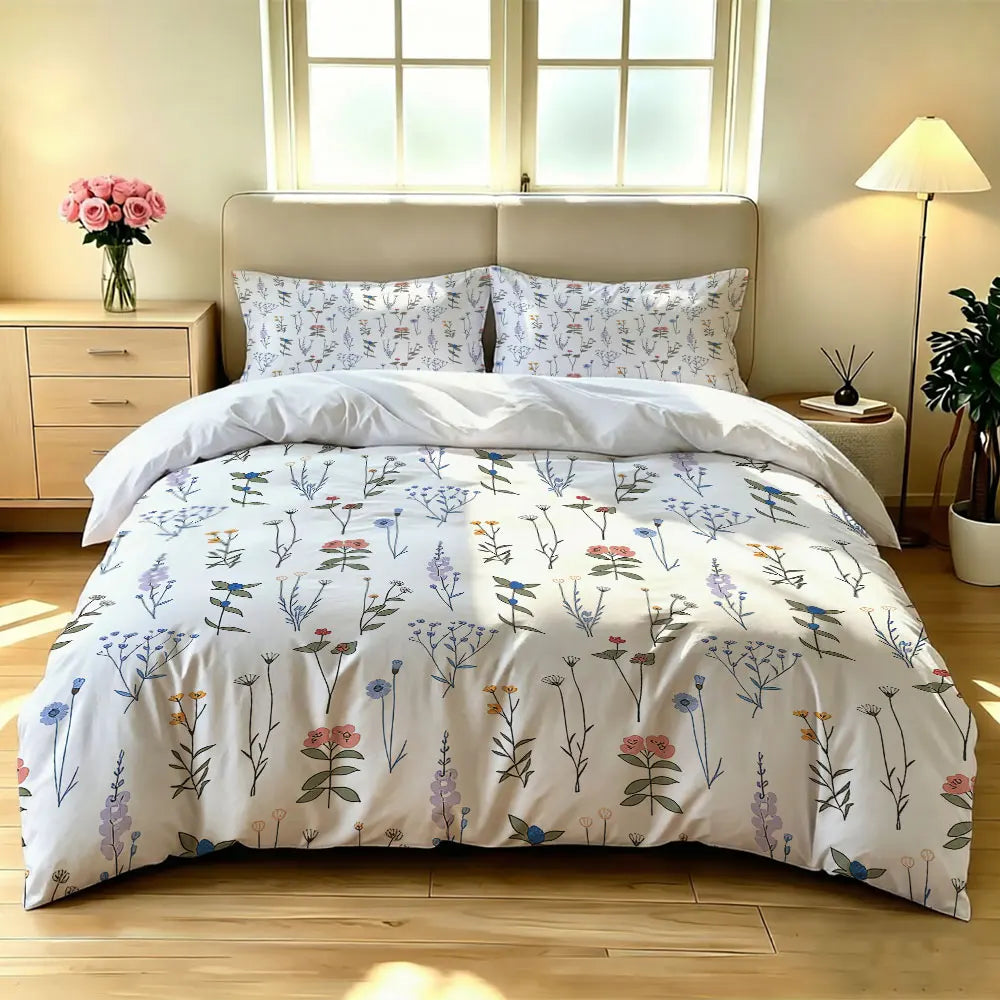 A hand-painted floral duvet cover set featuring delicate purple and pink wildflowers on a white background.