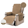 A beige washable recliner sofa slipcover with a quilted pattern and anti-slip strap.