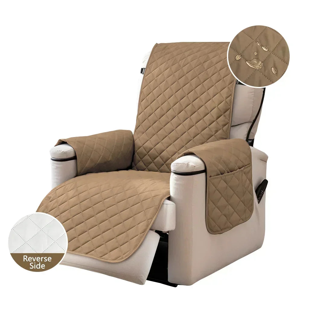 A beige washable recliner sofa slipcover with a quilted pattern and anti-slip strap.