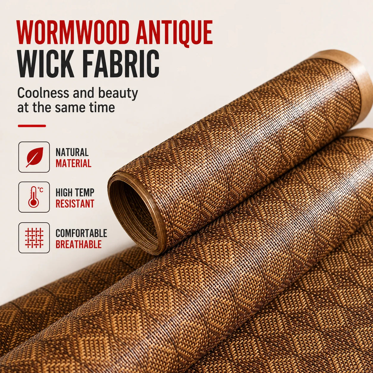 Rolls of Wormwood antique wick fabric showing a brown woven texture for cooling and breathability