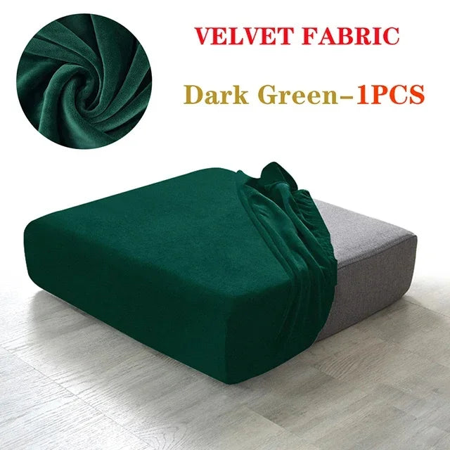 Dark green velvet fabric sofa seat covers shown on a light wooden floor.