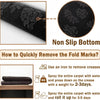 Image showing a black gaming area rug with non-slip backing and instructions for removing fold marks.