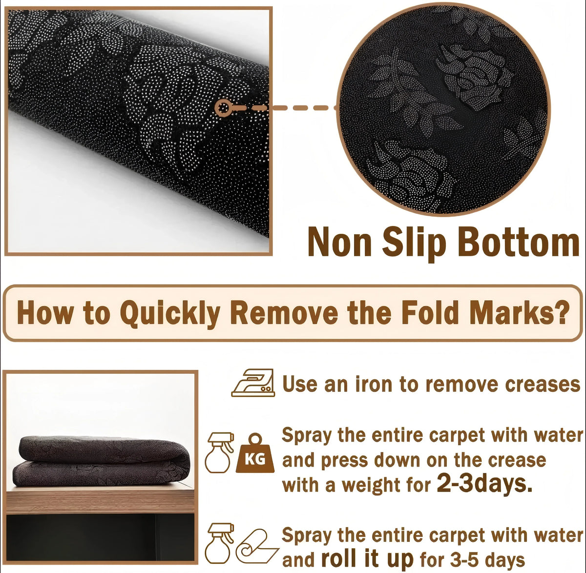 Image showing a black gaming area rug with non-slip backing and instructions for removing fold marks.